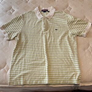 Vineyard Vines Men's White and Green Striped Polo